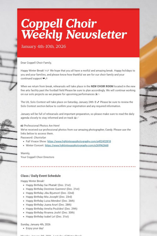Coppell Choir Weekly Newsletter