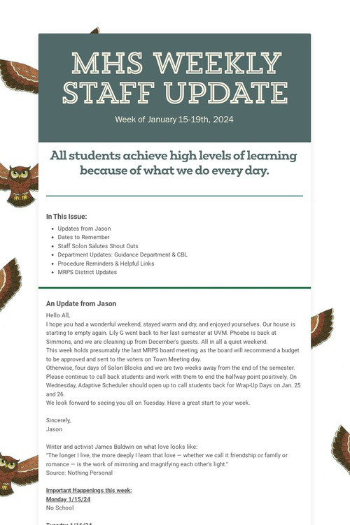 MHS WEEKLY STAFF UPDATE