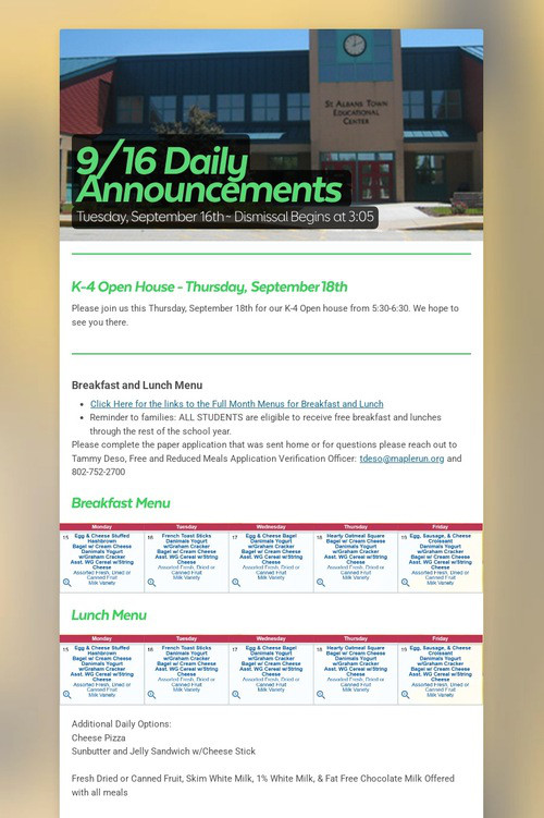9/16 Daily Announcements