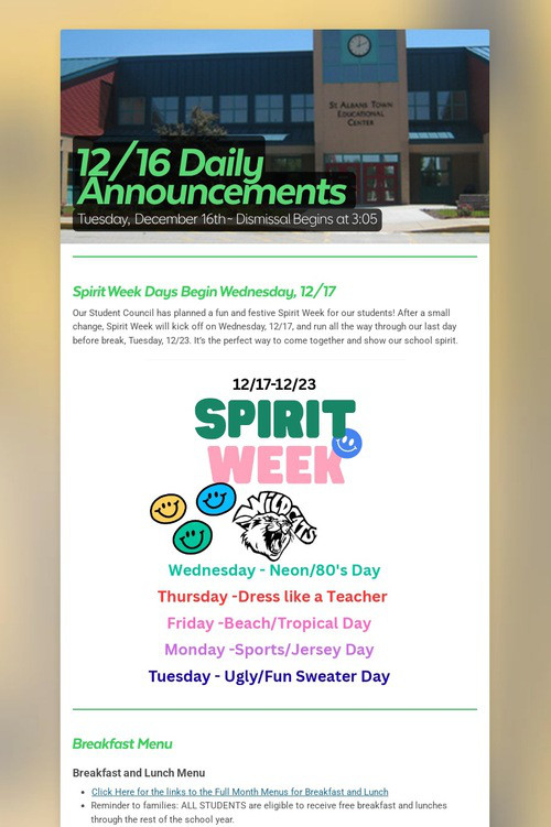 12/16 Daily Announcements
