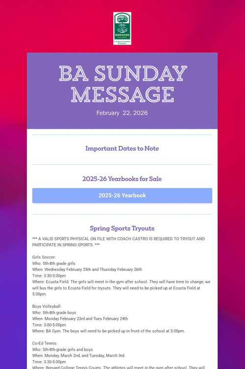 BA Sunday Message