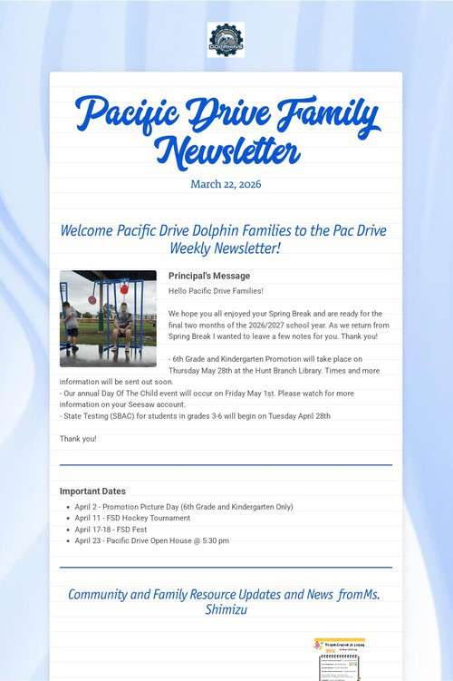 Pacific Drive Family Newsletter