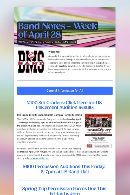 Band Notes - Week of April 28