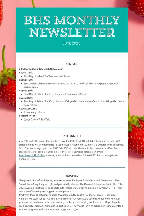 BHS Monthly Newsletter