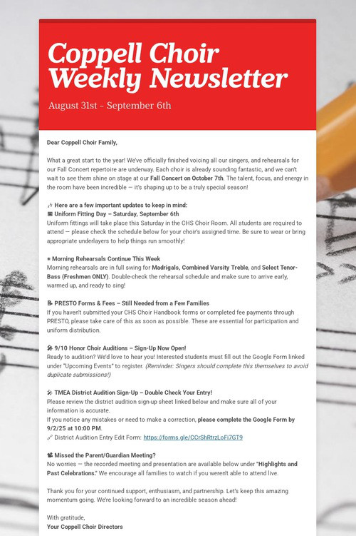 Coppell Choir Weekly Newsletter