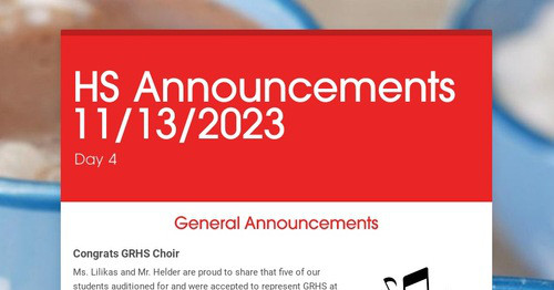 HS Announcements 11/13/2023 | Smore Newsletters