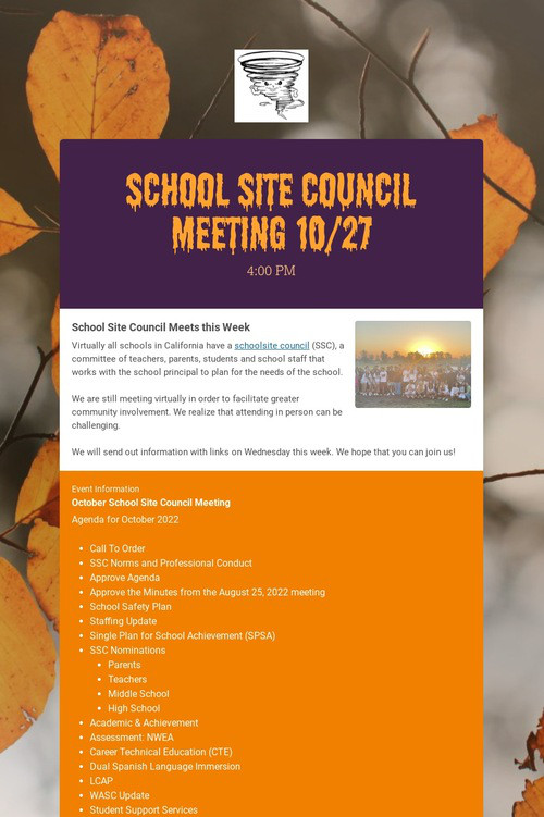 SCHOOL SITE COUNCIL MEETING 10/27
