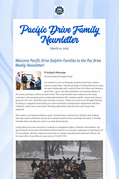 Pacific Drive Family Newsletter