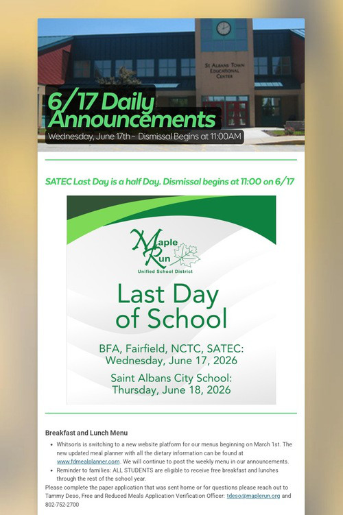 6/17 Daily Announcements