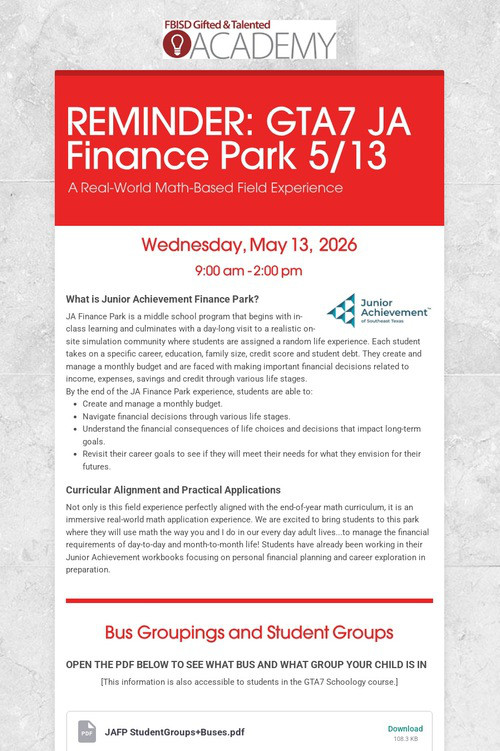 REMINDER: GTA7 JA Finance Park 5/13