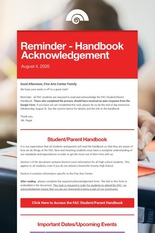 Reminder - Handbook Acknowledgement