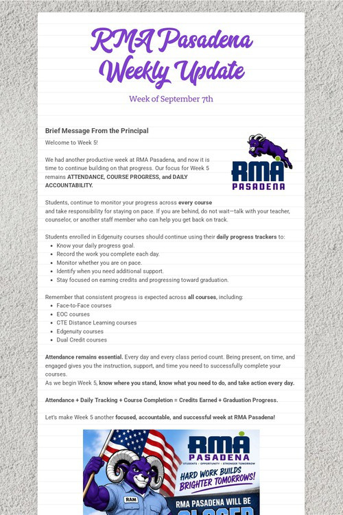 RMA Pasadena Weekly Update