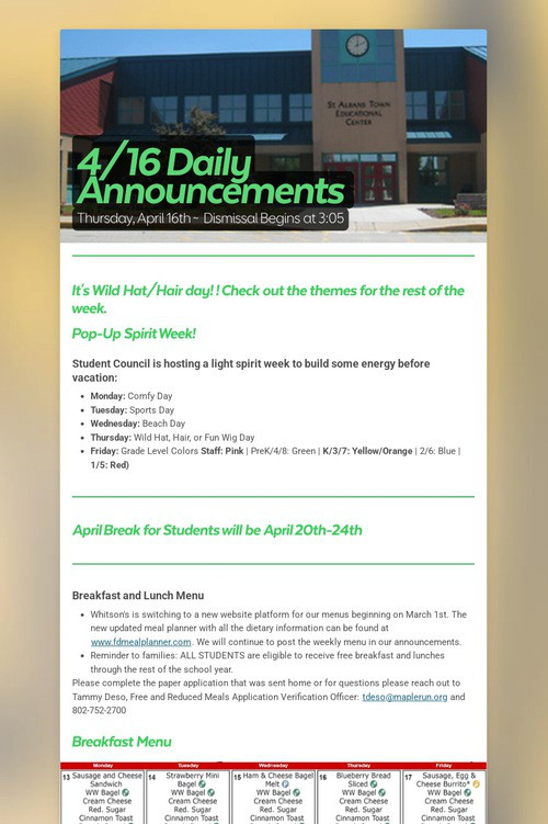 4/16 Daily Announcements