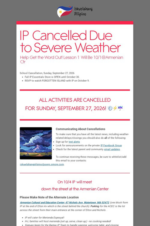 IP Cancelled Due to Severe Weather
