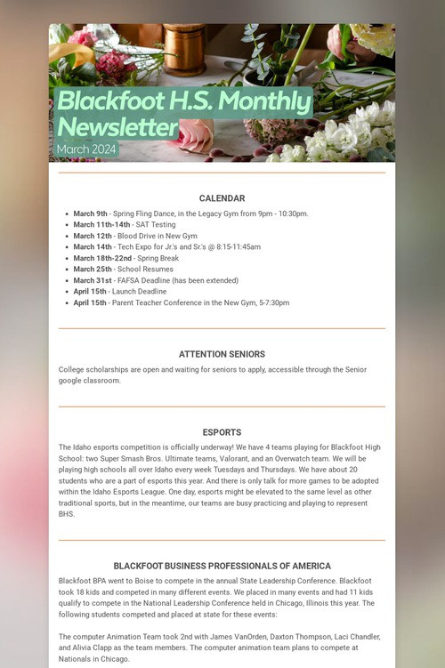 Blackfoot H.S. Monthly Newsletter