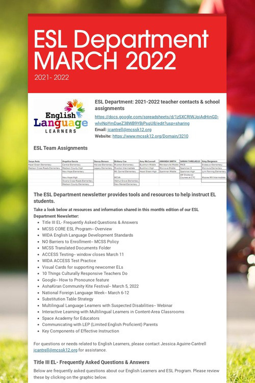 ESL Department MARCH 2022