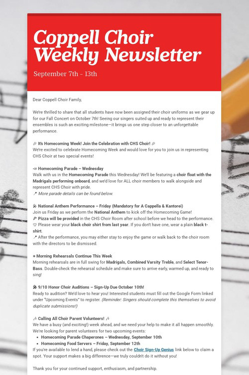 Coppell Choir Weekly Newsletter