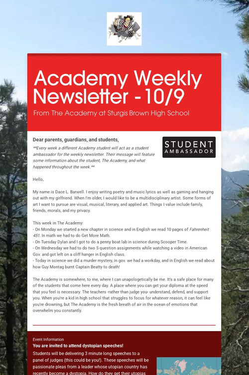 Academy Weekly Newsletter - 10/9