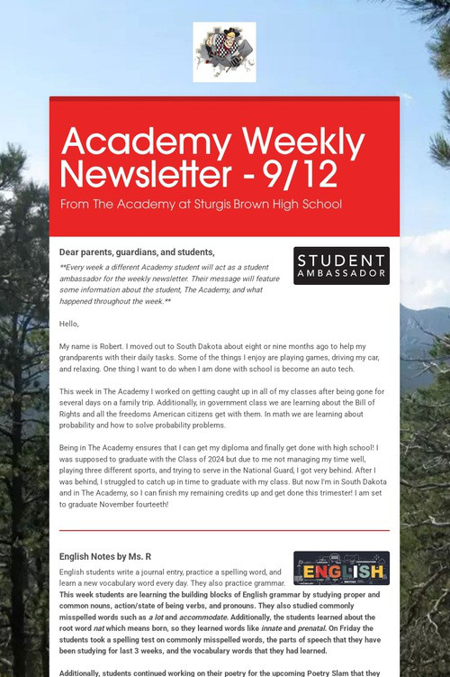 Academy Weekly Newsletter - 9/12