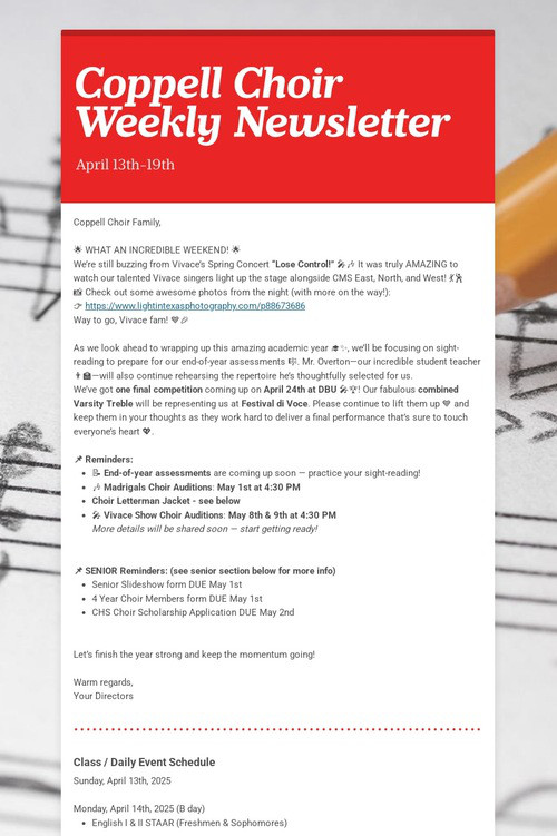 Coppell Choir Weekly Newsletter