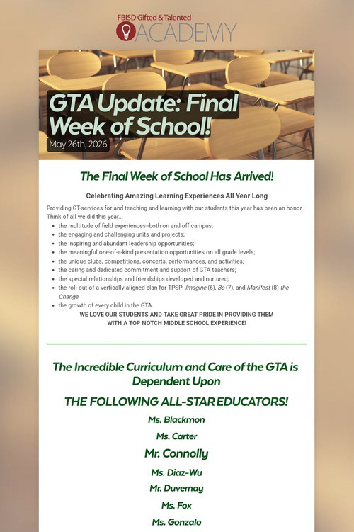 GTA Update: Final Week of School!
