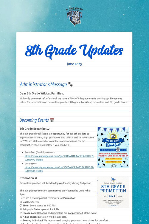 8th Grade Updates