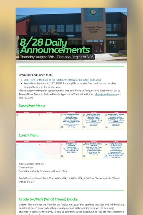 8/28 Daily Announcements