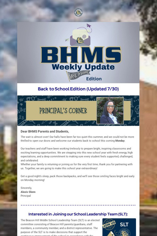Principal Welcome Back to Families