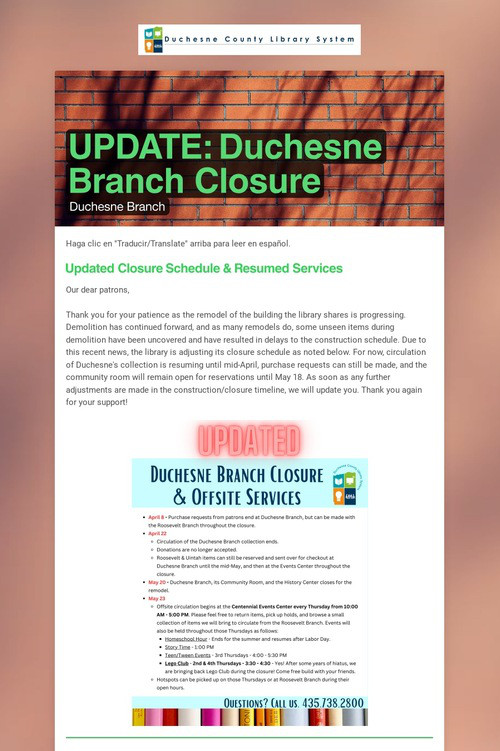 UPDATE: Duchesne Branch Closure