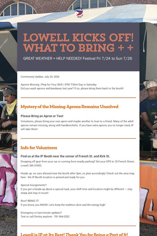 Lowell Kicks Off! What to Bring + +