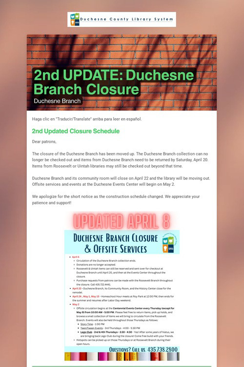 2nd UPDATE: Duchesne Branch Closure