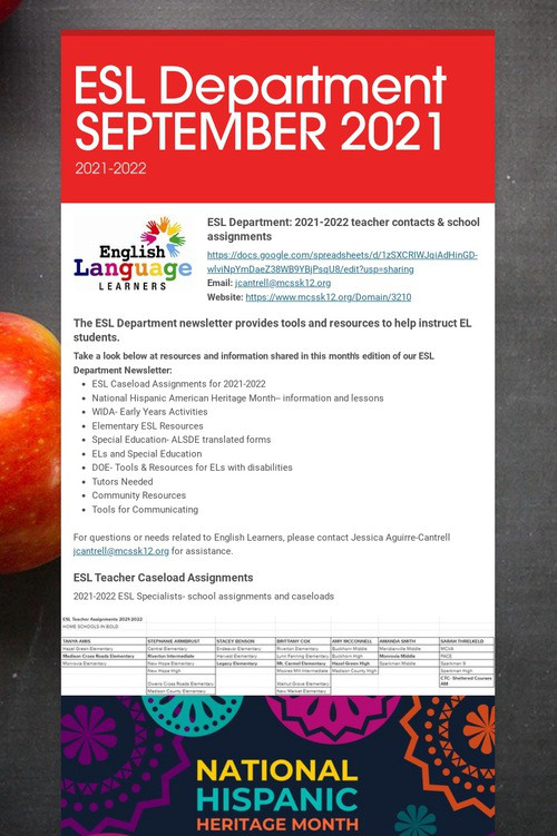 ESL Department SEPTEMBER 2021
