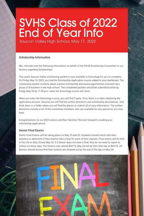 SVHS Class of 2022 End of Year Info