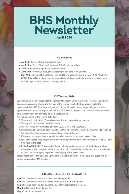 BHS Monthly Newsletter
