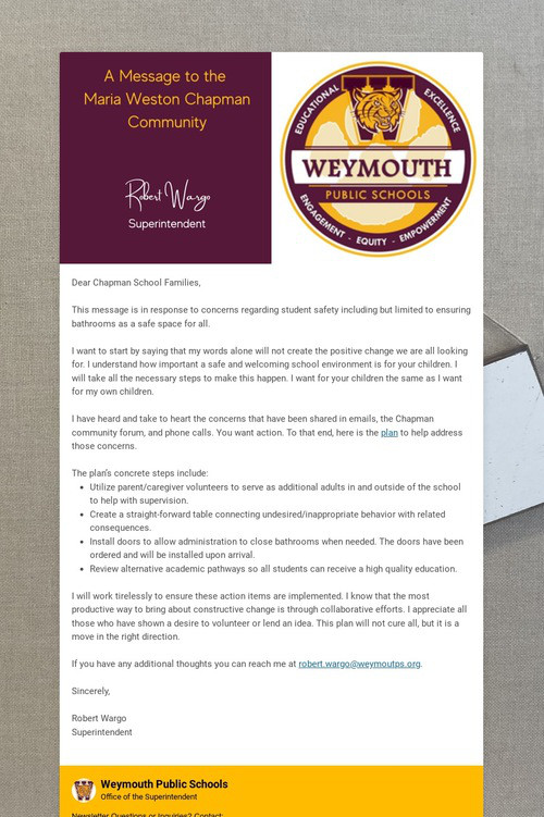 A Message from Superintendent Wargo