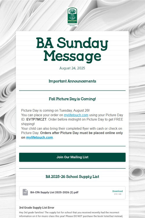 BA Sunday Message