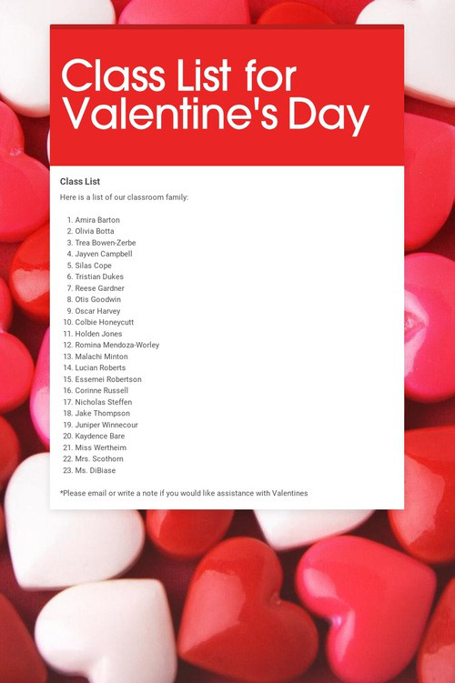 Class List for Valentine's Day
