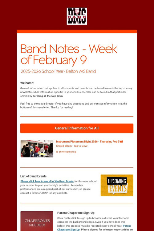 Band Notes - Week of February 9