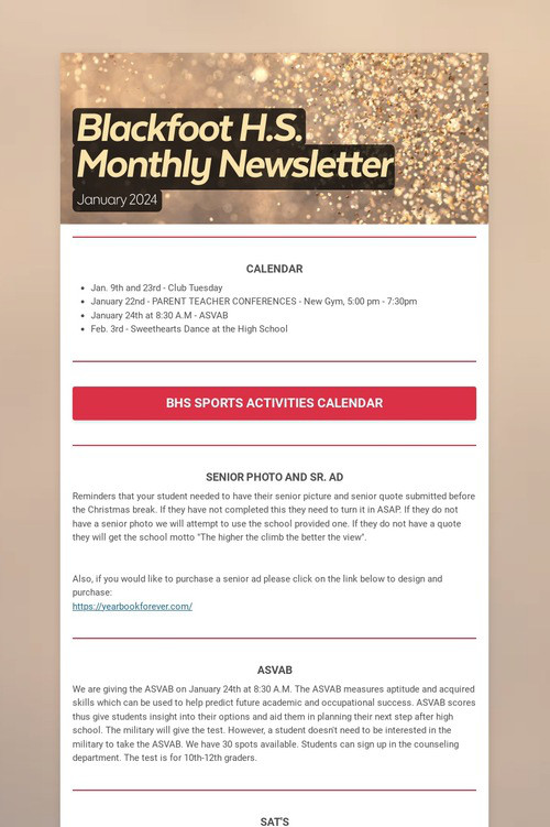 Blackfoot H.S. Monthly Newsletter