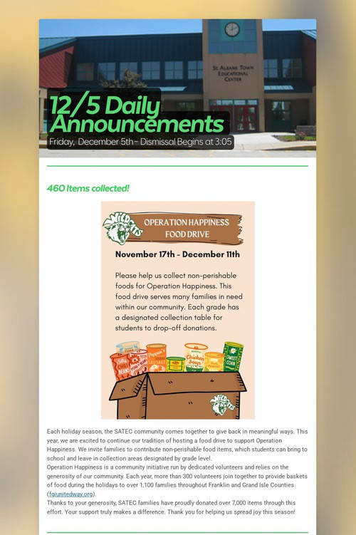 12/5 Daily Announcements