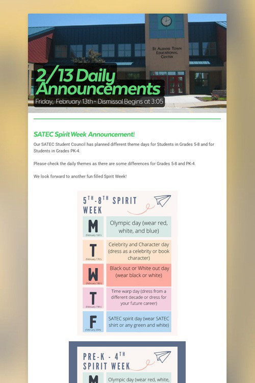 2/13 Daily Announcements