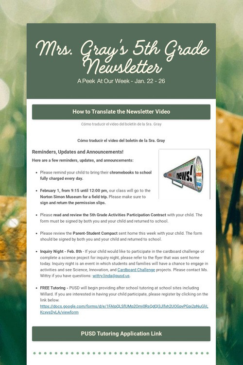 Mrs. Gray's 5th Grade Newsletter