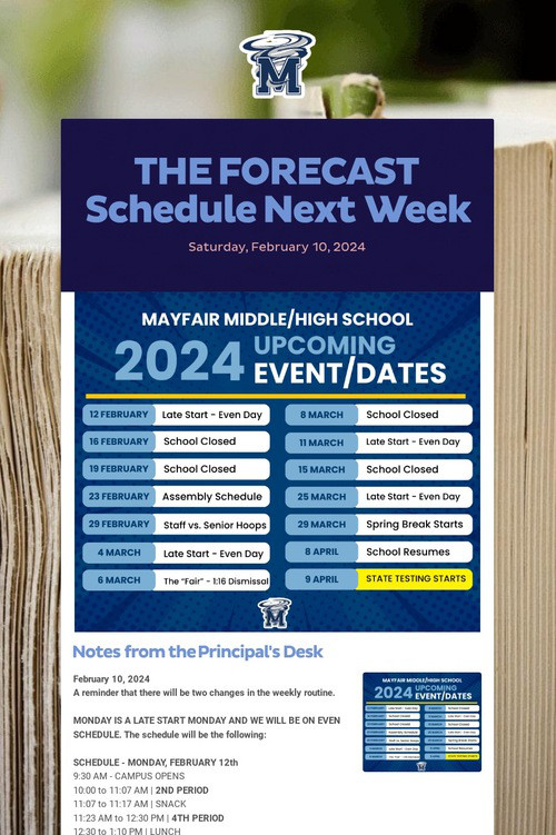 THE FORECAST  Schedule Next Week
