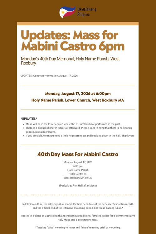 Updates: Mass for Mabini Castro 6pm