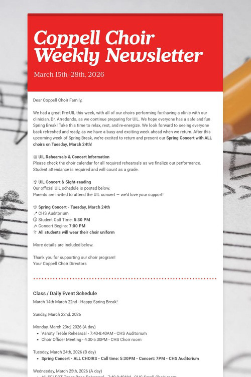 Coppell Choir Weekly Newsletter