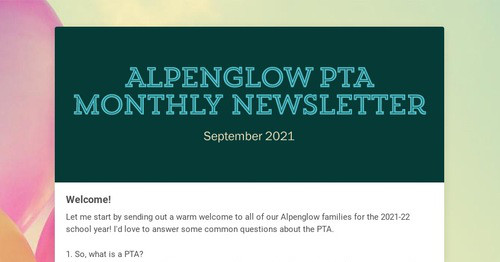 Alpenglow PTA Monthly Newsletter