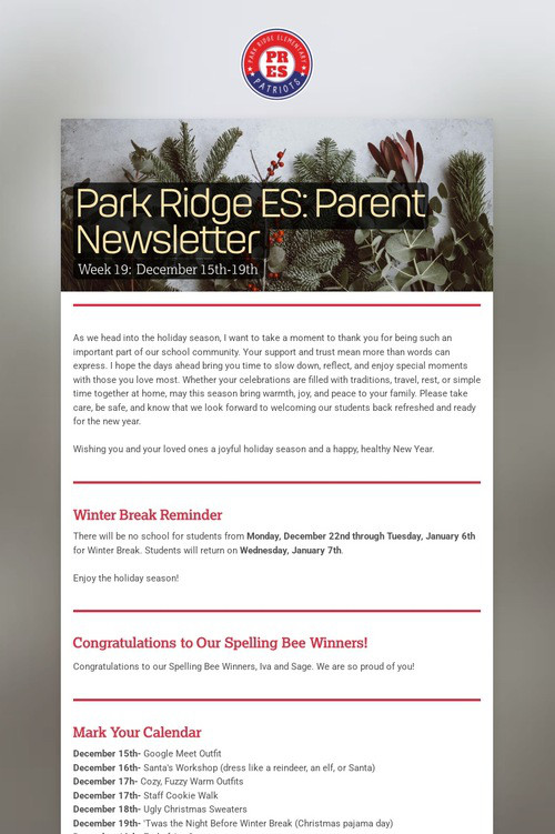 Park Ridge ES: Parent Newsletter