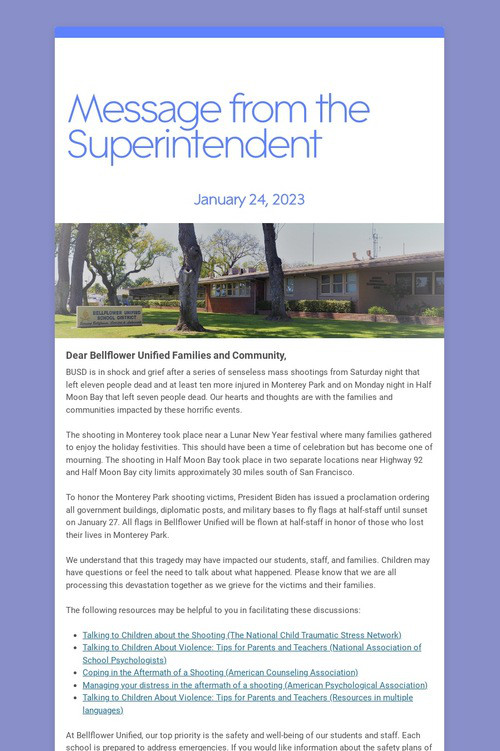 Message from the Superintendent