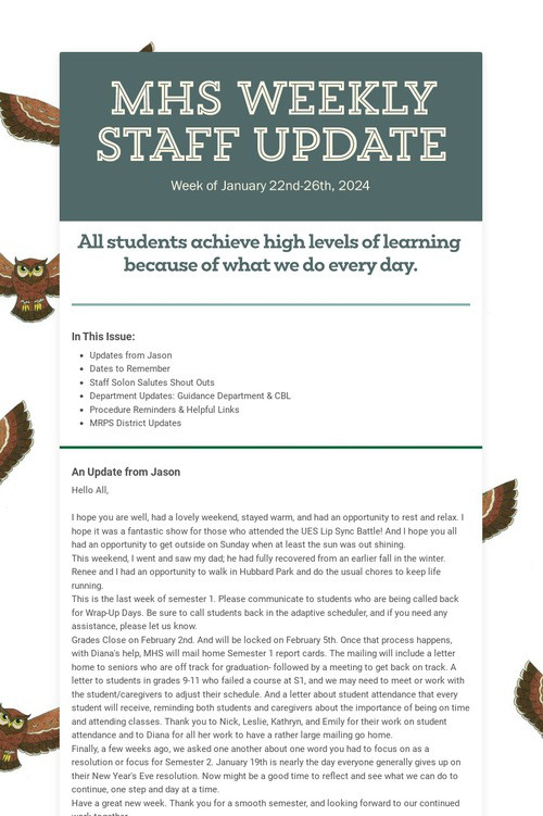 MHS WEEKLY STAFF UPDATE