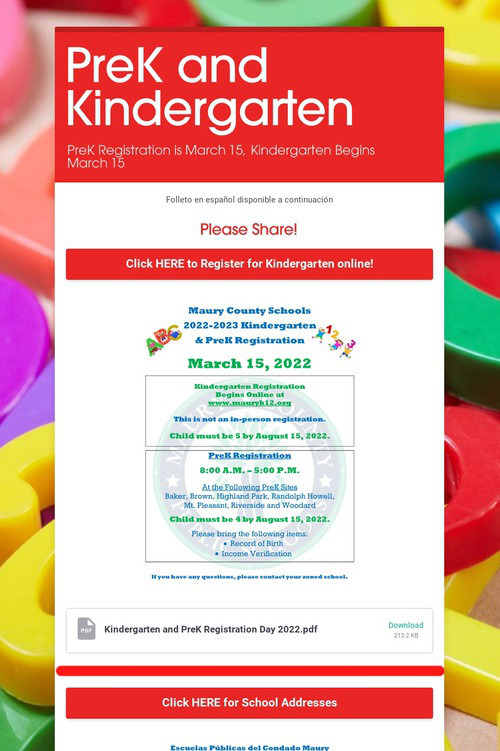 PreK and Kindergarten